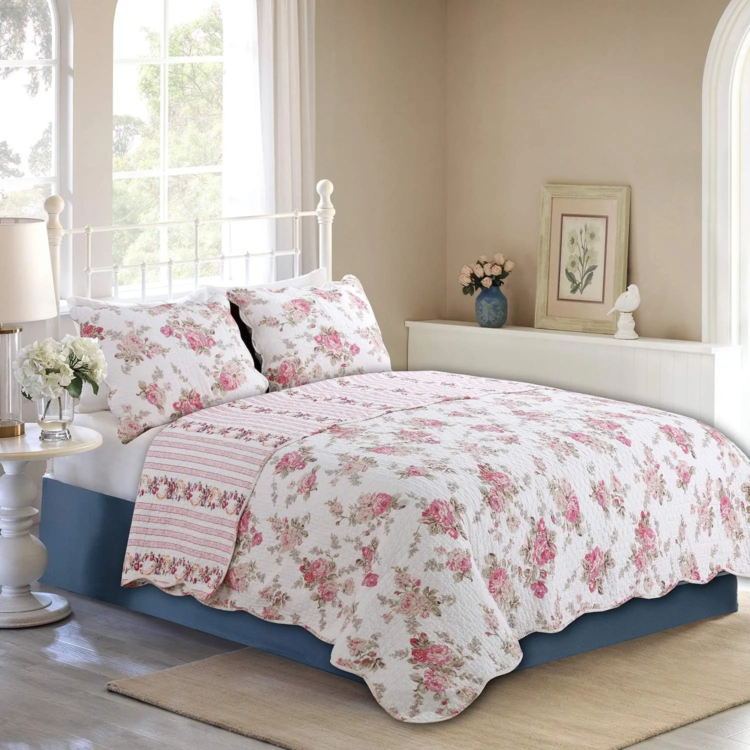 Cozy Line Home Fashions 3-Piece Cotton Queen Quilt Bedding Set, Romantic Cottage Peachy Pink Peony Shabby Chic Chintz Floral Stripe Lightweight Reversible Coverlet Bedspread for All Season