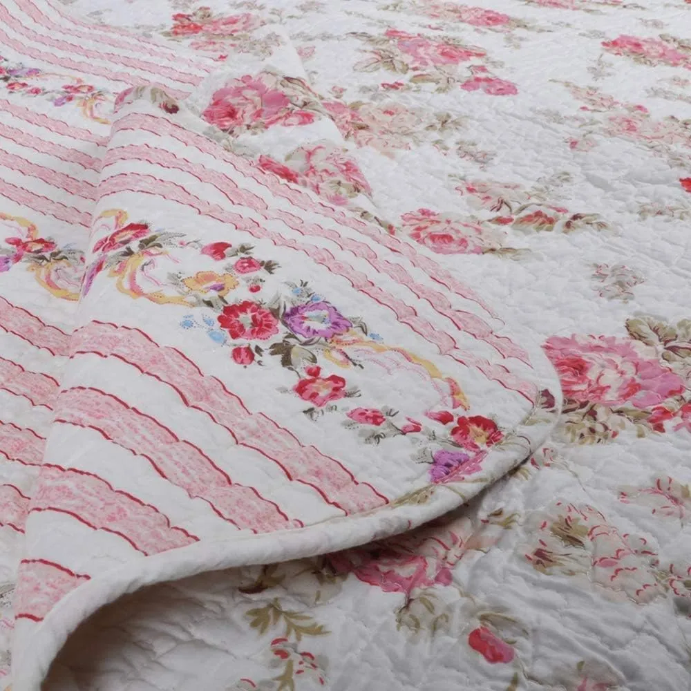 Cozy Line Home Fashions 3-Piece Cotton Queen Quilt Bedding Set, Romantic Cottage Peachy Pink Peony Shabby Chic Chintz Floral Stripe Lightweight Reversible Coverlet Bedspread for All Season