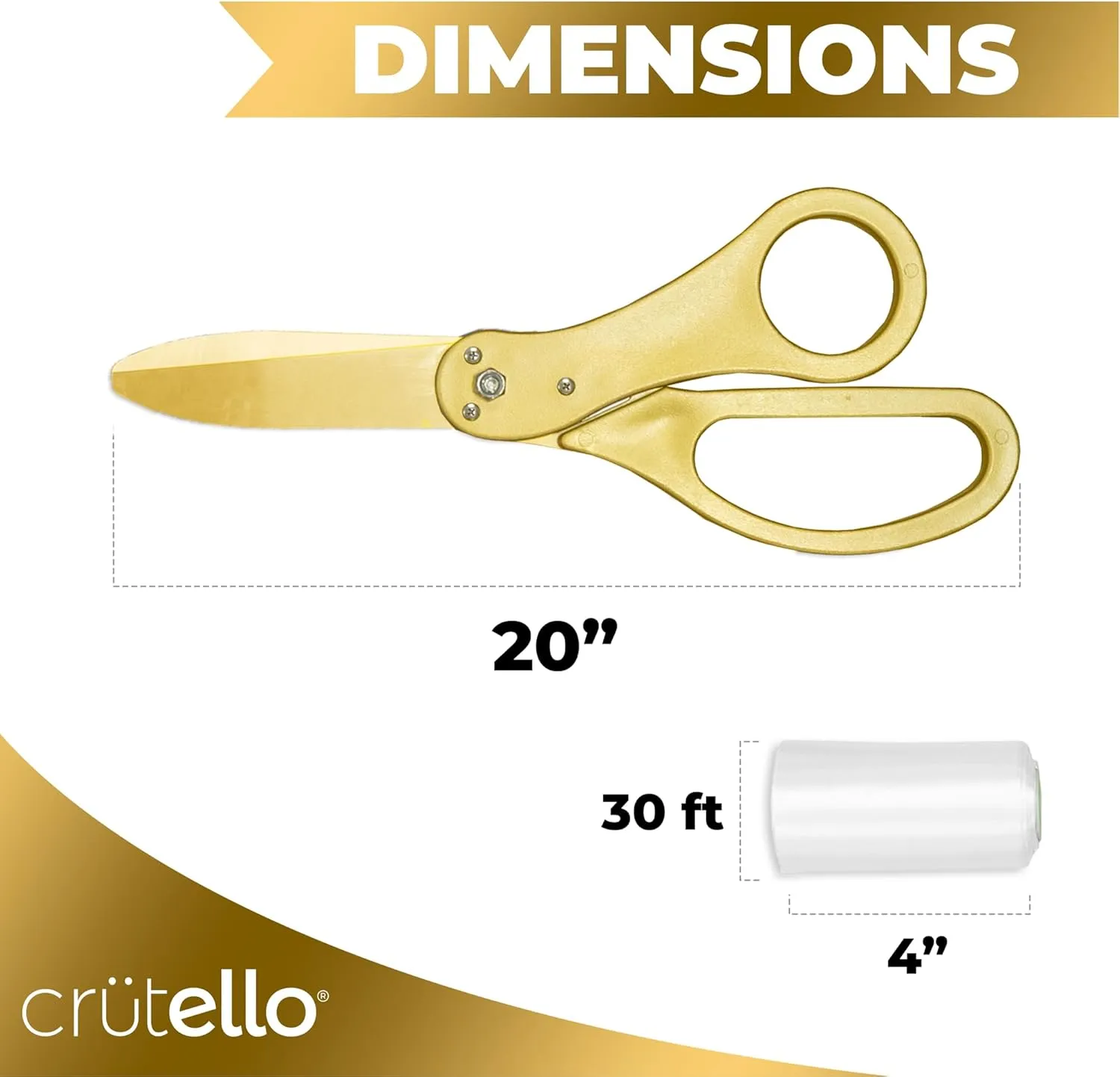 Crutello Ribbon Cutting Ceremony Kit - Grand Opening Ribbons and Scissors - 21" Giant Gold Scissors and 30 Foot Large White Ribbon 4" Wide - Ceremonial Kit