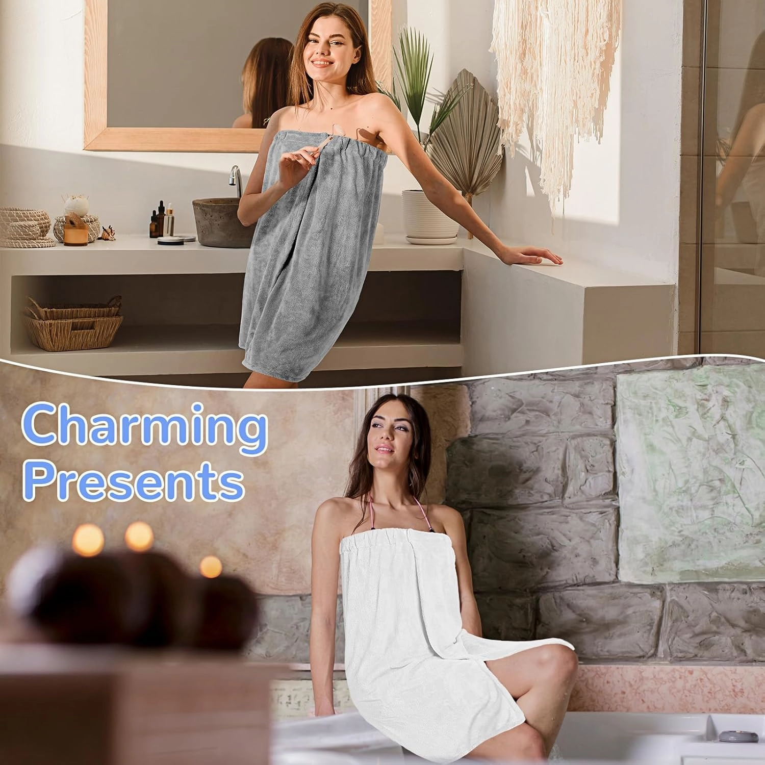 Cuffbow 3 Pcs Towel Wrap for Women Spa Body Robe Full Length Female Bath Shower with Adjustable Closure Elastic Top Plush