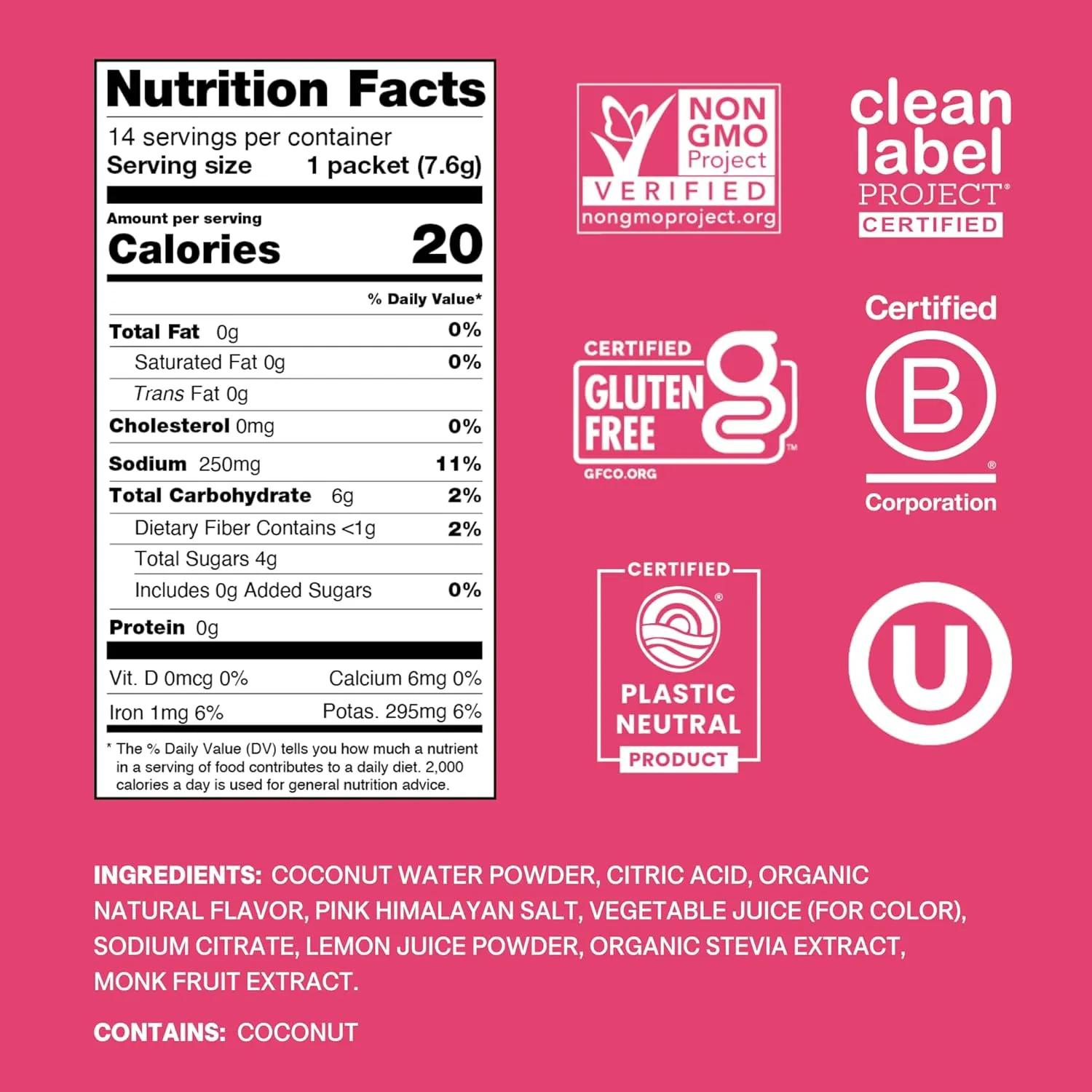 Cure Hydration | Plant-Based Electrolyte Drink Mix | No Added Sugar | FSA & HSA | Dehydration Relief Powder Made with Coconut Water | Non-GMO | Vegan | Pouch of 14 Packets - Tropical Punch