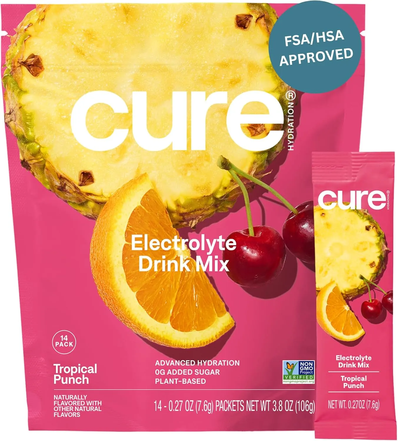 Cure Hydration | Plant-Based Electrolyte Drink Mix | No Added Sugar | FSA & HSA | Dehydration Relief Powder Made with Coconut Water | Non-GMO | Vegan | Pouch of 14 Packets - Tropical Punch