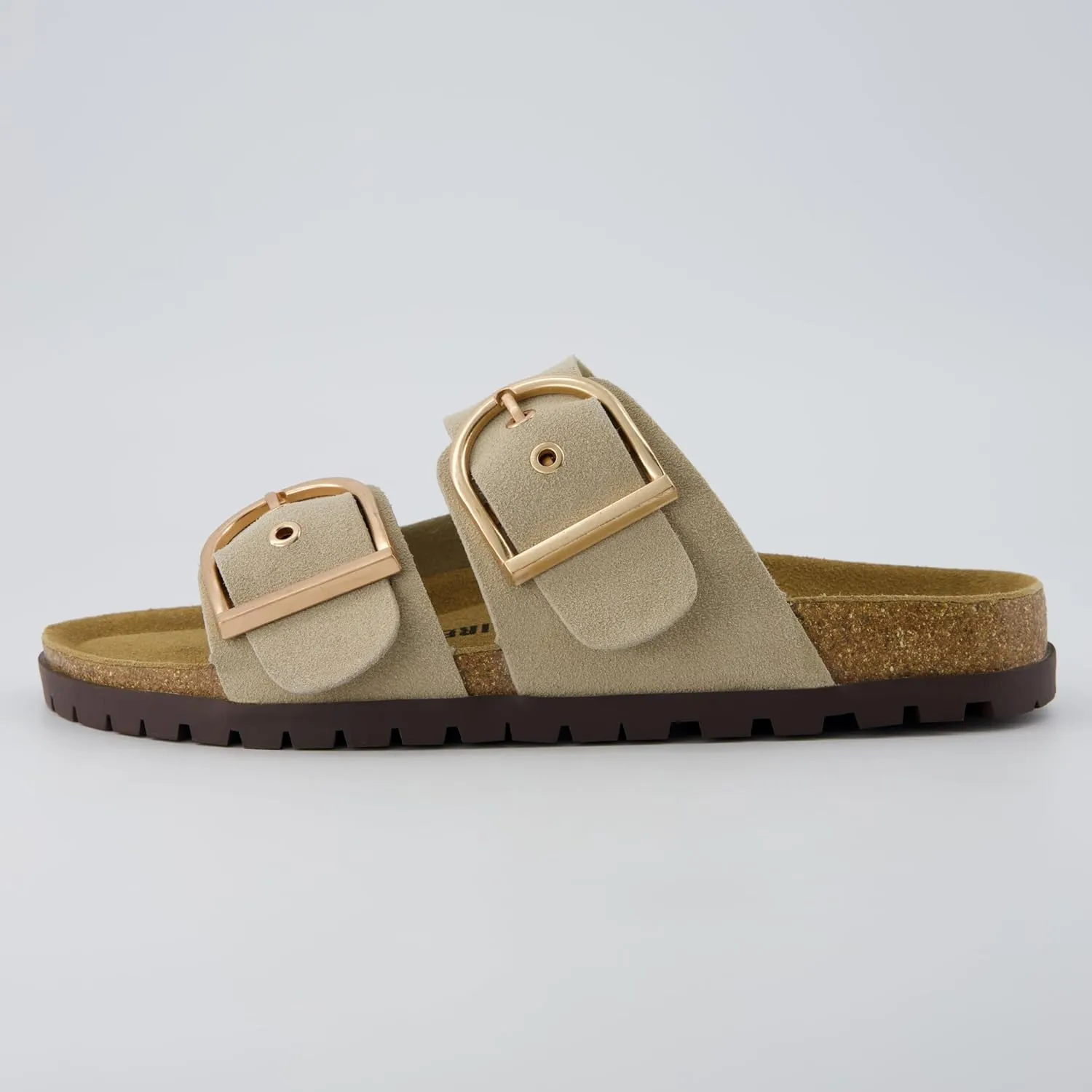 CUSHIONAIRE Brook Women’s Suede Double-Buckle Cork Footbed Slide Sandals with Memory Foam Comfort