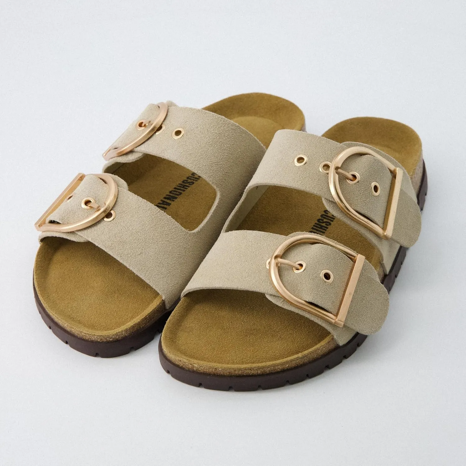 CUSHIONAIRE Brook Women’s Suede Double-Buckle Cork Footbed Slide Sandals with Memory Foam Comfort