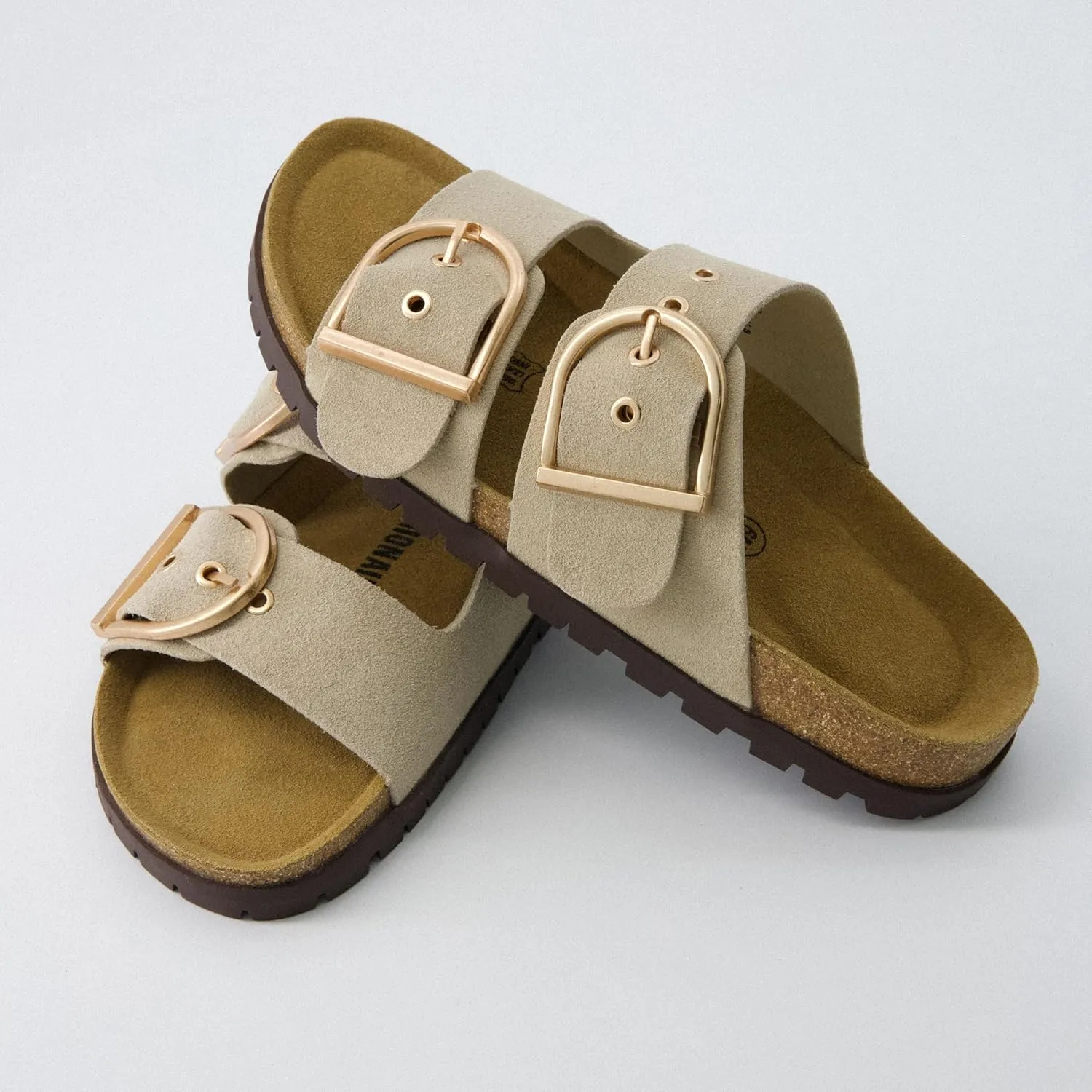 CUSHIONAIRE Brook Women’s Suede Double-Buckle Cork Footbed Slide Sandals with Memory Foam Comfort