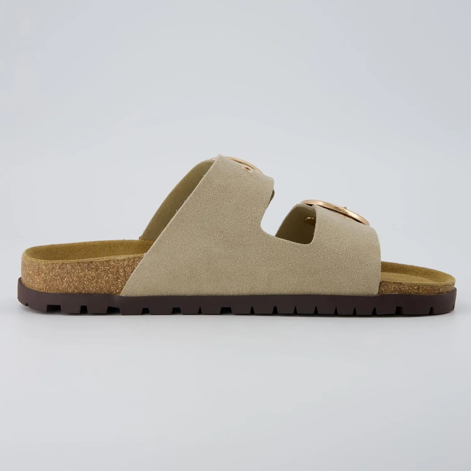 CUSHIONAIRE Brook Women’s Suede Double-Buckle Cork Footbed Slide Sandals with Memory Foam Comfort