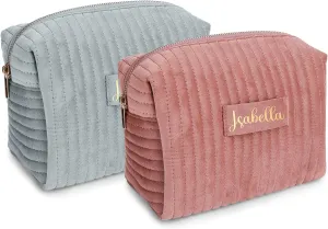 Custom Velvet Makeup Bag, Personalized Name Zipper Pouch Quilted Cosmetic Bag Travel Toiletry Bag for Women Girl Bridesmaid Gifts Wedding Birthday (Pink,Blue)