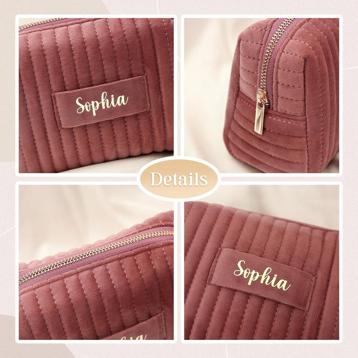 Custom Velvet Makeup Bag, Personalized Name Zipper Pouch Quilted Cosmetic Bag Travel Toiletry Bag for Women Girl Bridesmaid Gifts Wedding Birthday (Pink,Blue)