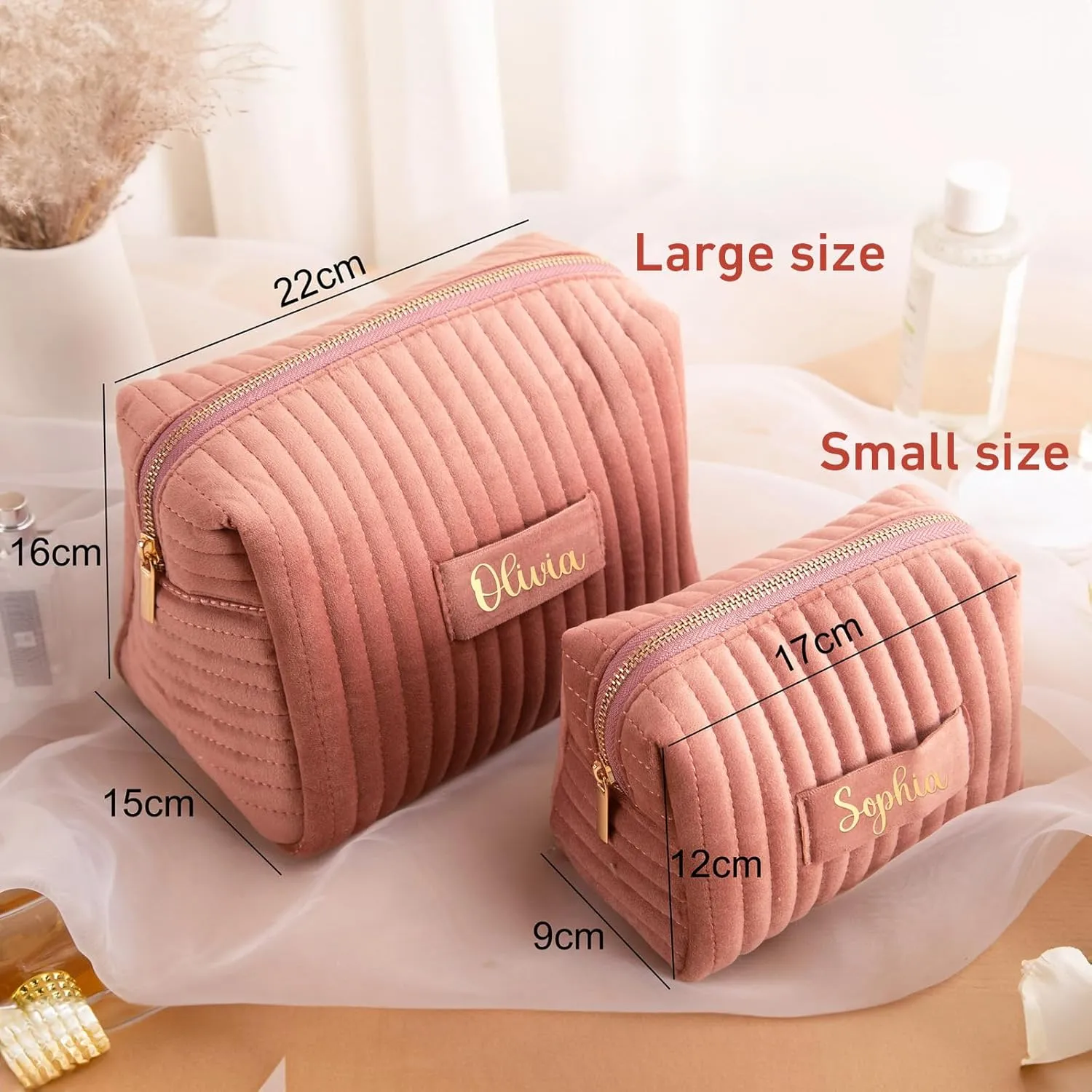 Custom Velvet Makeup Bag, Personalized Name Zipper Pouch Quilted Cosmetic Bag Travel Toiletry Bag for Women Girl Bridesmaid Gifts Wedding Birthday (Pink,Blue)