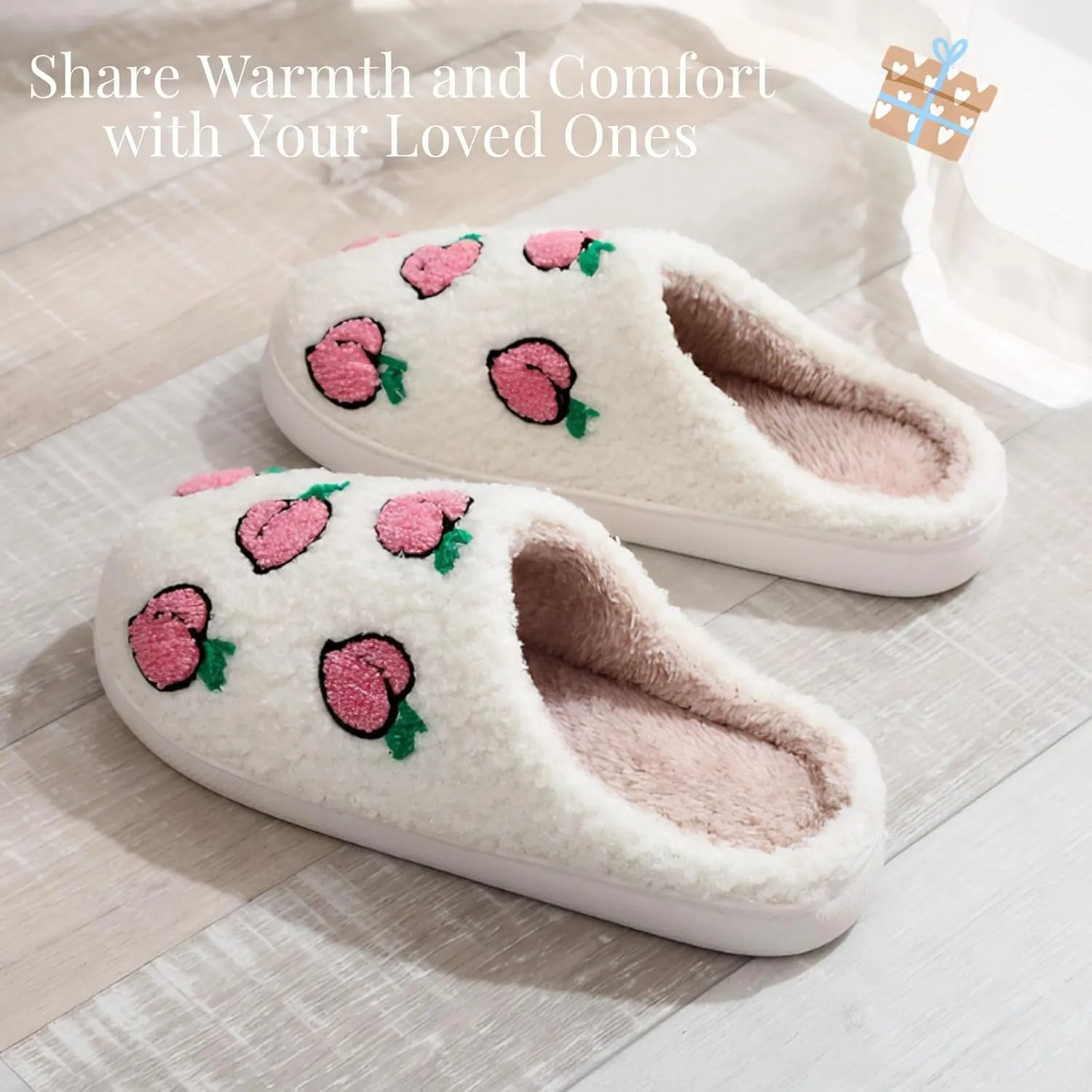 Cute Fruit Peach Pattern Slippers Warm Cozy Soft Fuzzy Fluffy Furry for Home Comfort Fall/Winter Holiday Season Indoor Warmth for Women