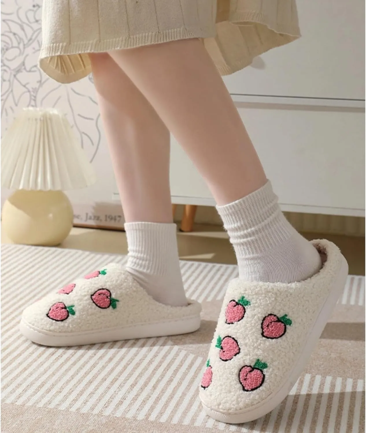 Cute Fruit Peach Pattern Slippers Warm Cozy Soft Fuzzy Fluffy Furry for Home Comfort Fall/Winter Holiday Season Indoor Warmth for Women