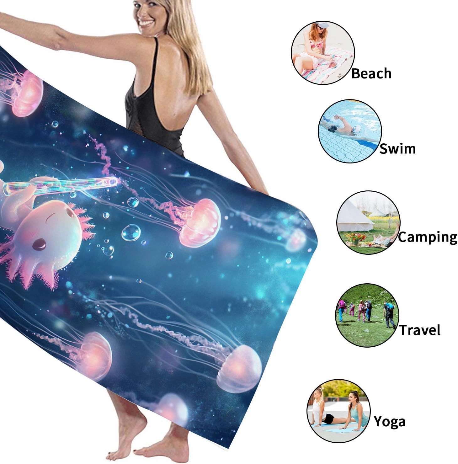 Cute Axolotl Beach Towel Peach Jellyfish Art Soft Microfiber Quick Dry Sand Free Lightweight Summertime Pool Picnic Essentials 70x35 Inch