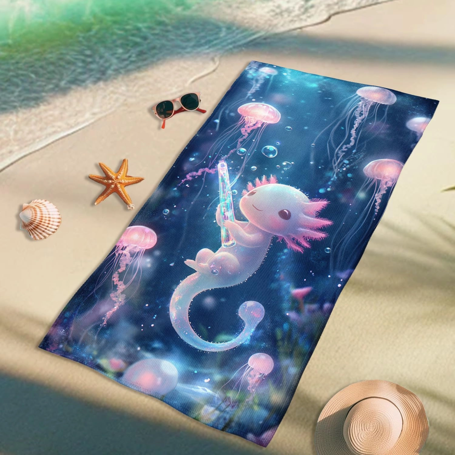 Cute Axolotl Beach Towel Peach Jellyfish Art Soft Microfiber Quick Dry Sand Free Lightweight Summertime Pool Picnic Essentials 70x35 Inch