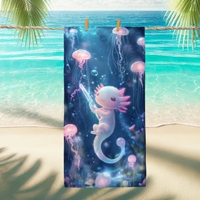Cute Axolotl Beach Towel Peach Jellyfish Art Soft Microfiber Quick Dry Sand Free Lightweight Summertime Pool Picnic Essentials 70x35 Inch