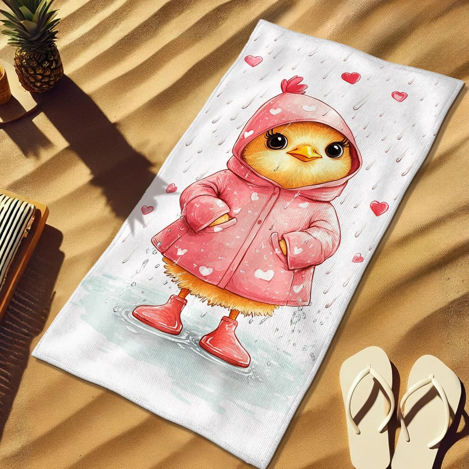Cute Chick Rainy Day Beach Towel Peach Waterproof Microfiber Absorbent Quick Dry Sand Free Cute Cartoon Beach Blanket, Summer Travel Pool Picnic Essentials 62x31 Inch
