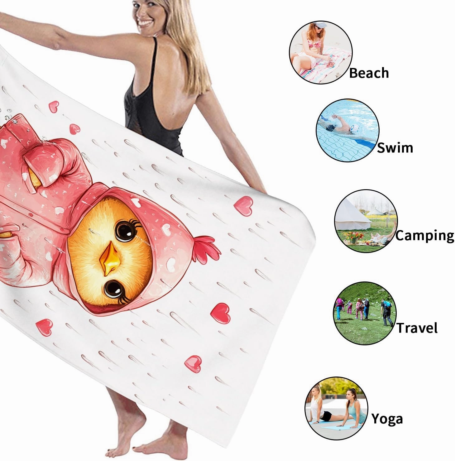 Cute Chick Rainy Day Beach Towel Peach Waterproof Microfiber Absorbent Quick Dry Sand Free Cute Cartoon Beach Blanket, Summer Travel Pool Picnic Essentials 62x31 Inch