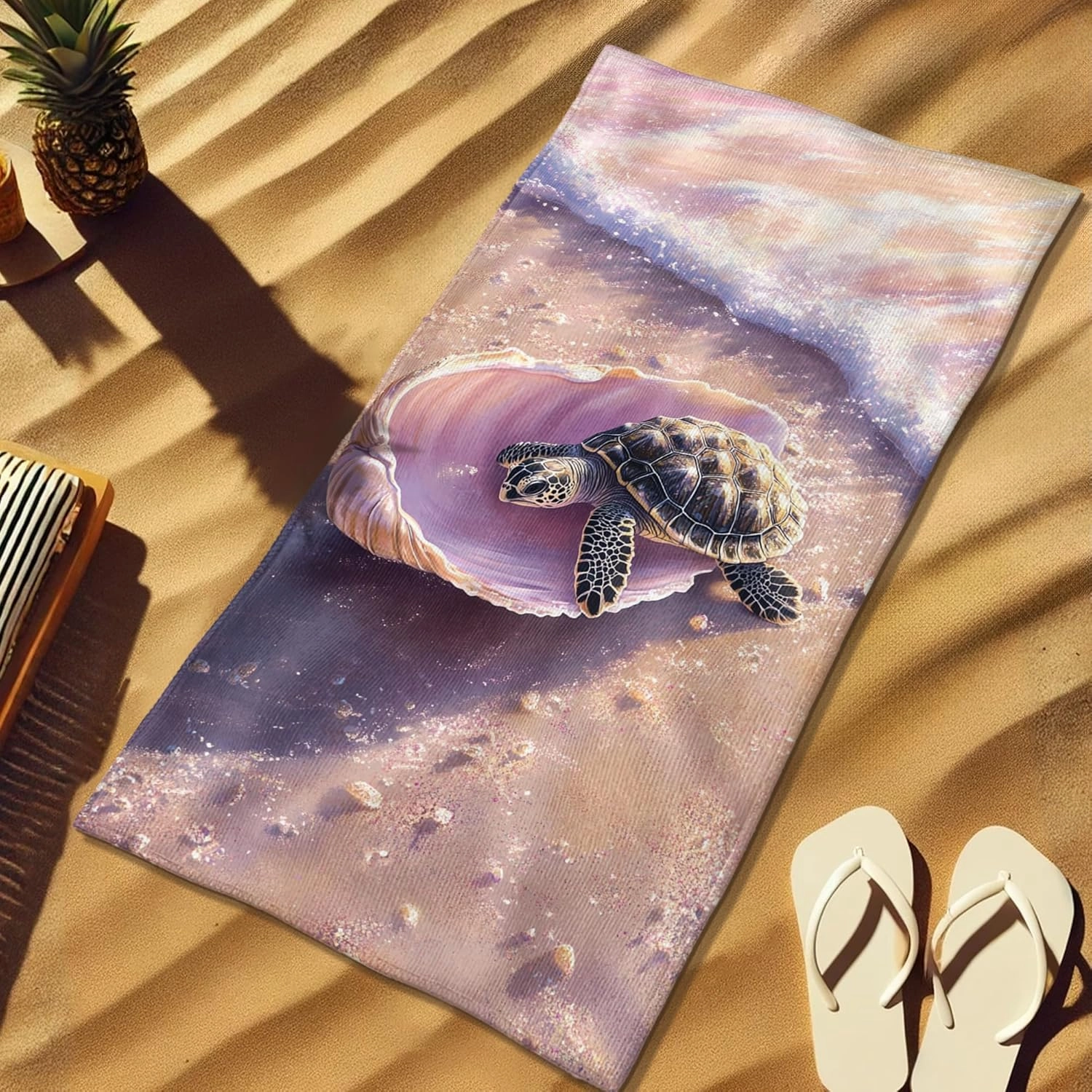 Cute Turtle Shell Beach Towel Peach Coastal Ocean Scene Quick Dry Soft Lightweight Sand Free Extra Large Bath Blanket Beach Picnic Essentials 62x31 Inch