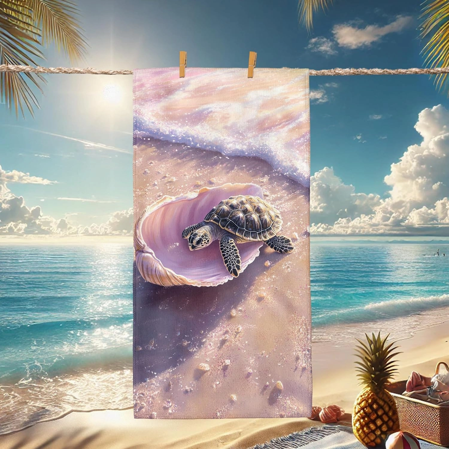 Cute Turtle Shell Beach Towel Peach Coastal Ocean Scene Quick Dry Soft Lightweight Sand Free Extra Large Bath Blanket Beach Picnic Essentials 62x31 Inch