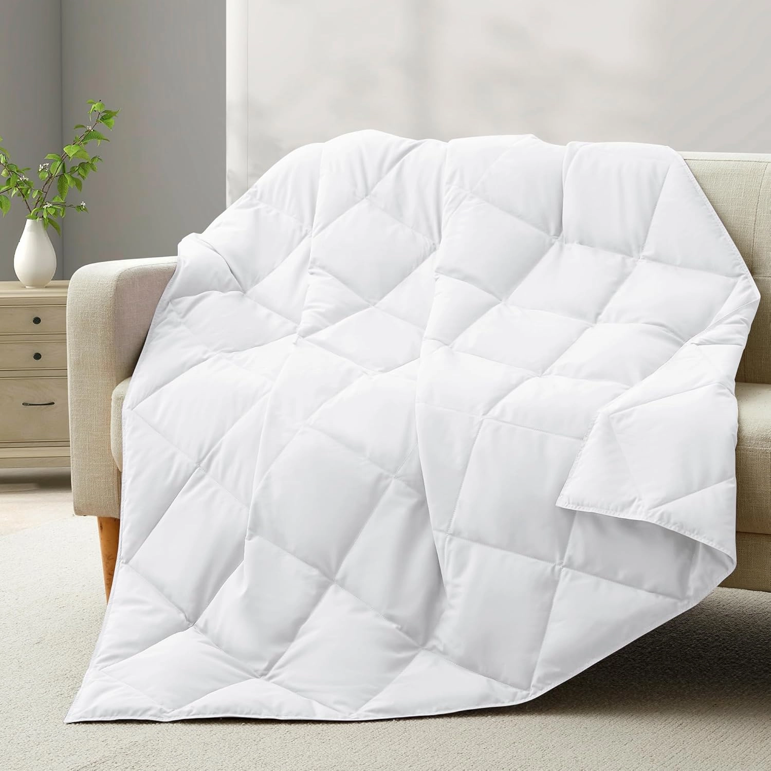 Deodar Natural Down Fiber Throw Blanket Couch, Sofa Down Fiber Blanket Throws Outdoor Lightweight Peach Skin Fabric,50"X70",White