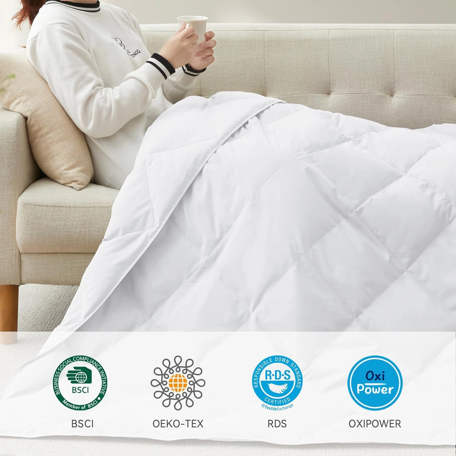 Deodar Natural Down Fiber Throw Blanket Couch, Sofa Down Fiber Blanket Throws Outdoor Lightweight Peach Skin Fabric,50"X70",White