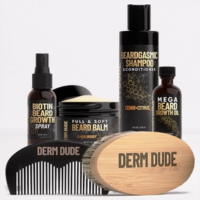 Derm Dude Beard Grooming Kit for Men | Includes Growth Oil, Biotin Spray, 2-in-1 Shampoo & Conditioner, Balm, Anti-Static Comb and Brush | For Thicker Fuller Facial Hair