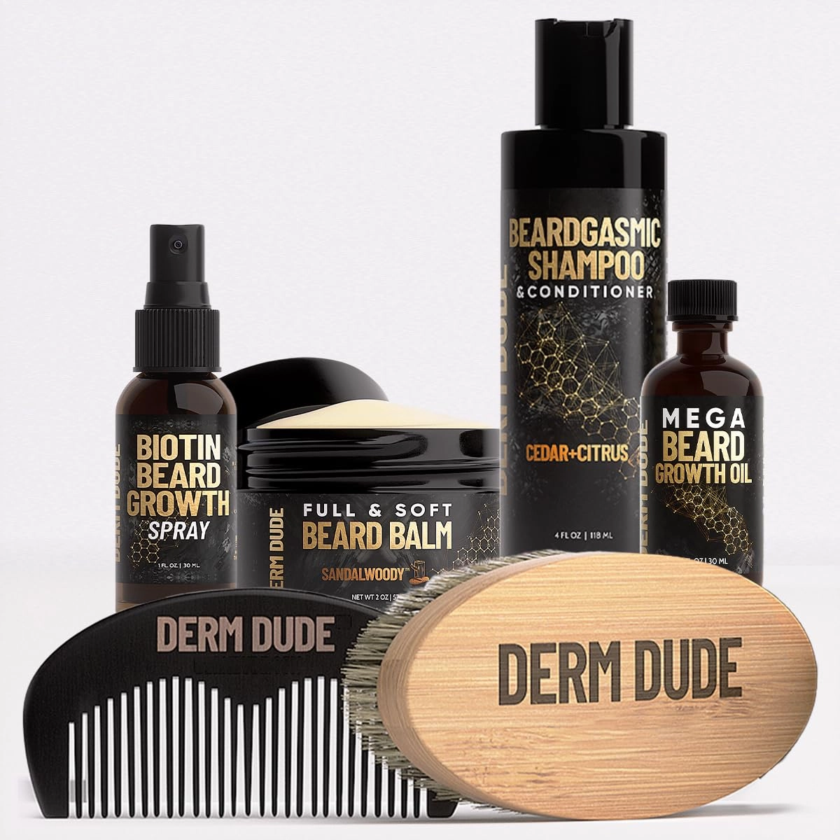 Derm Dude Beard Grooming Kit for Men | Includes Growth Oil, Biotin Spray, 2-in-1 Shampoo & Conditioner, Balm, Anti-Static Comb and Brush | For Thicker Fuller Facial Hair