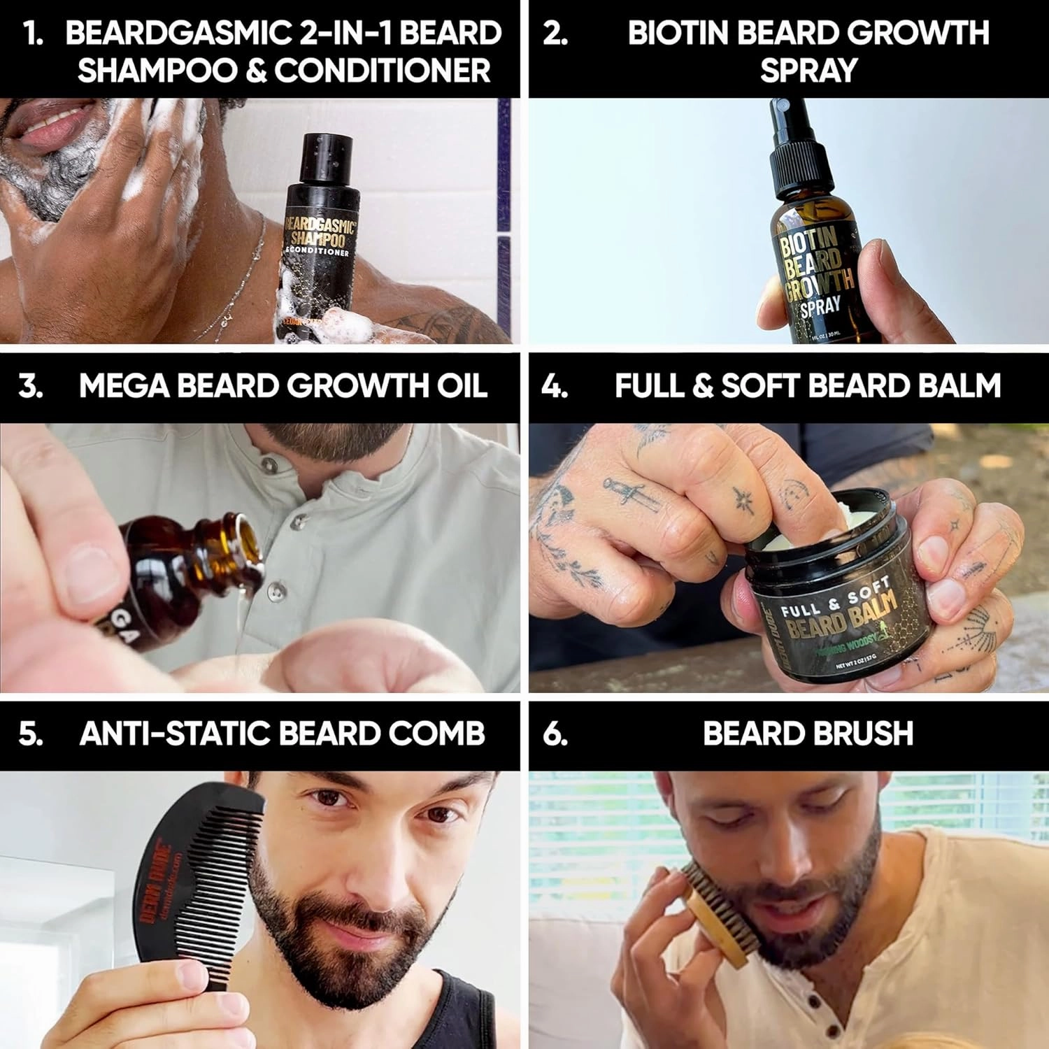 Derm Dude Beard Grooming Kit for Men | Includes Growth Oil, Biotin Spray, 2-in-1 Shampoo & Conditioner, Balm, Anti-Static Comb and Brush | For Thicker Fuller Facial Hair