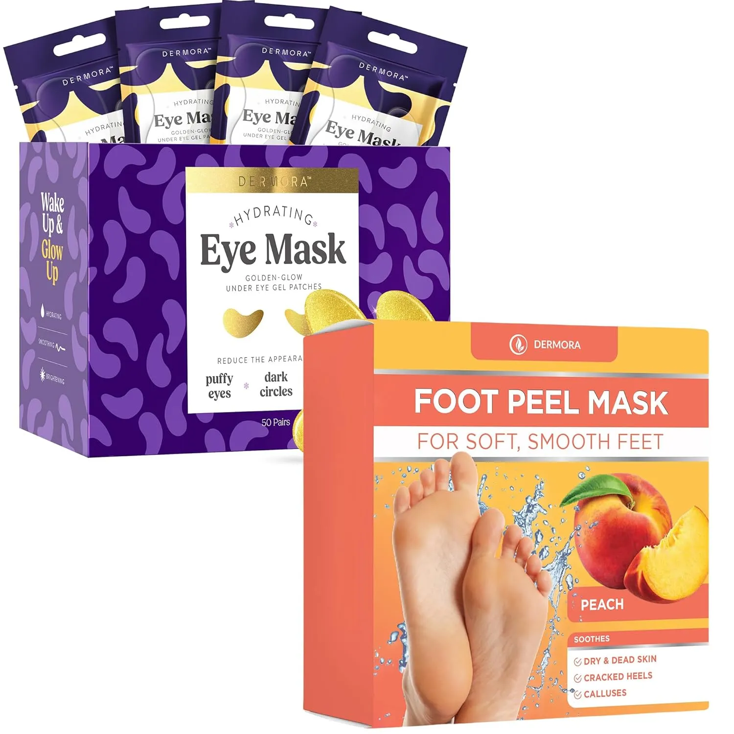 DERMORA Golden Glow Under Eye Patches 50 Pairs and Peach Foot Peel Masks 2 Pack