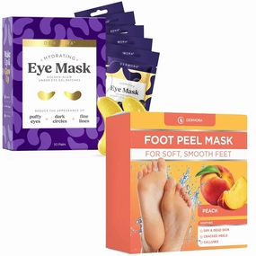 DERMORA Golden Glow Under Eye Patches 30 Pairs and Peach Foot Peel Masks 2 Pack