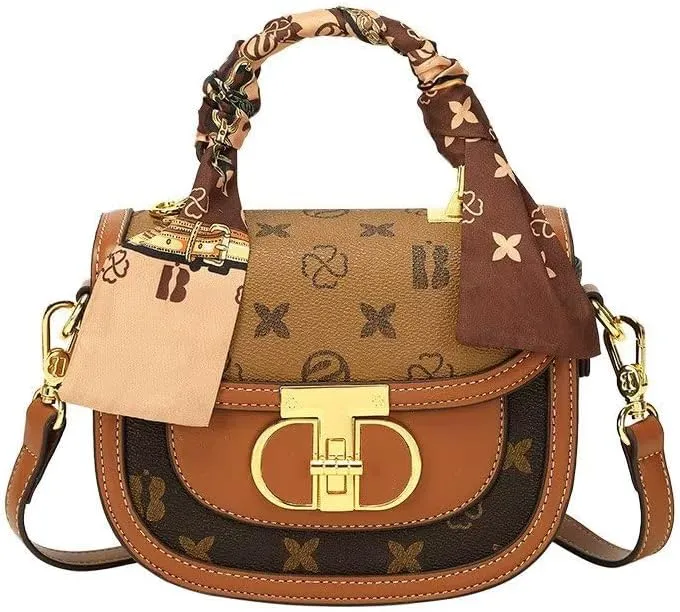 Designer Crossbody Handbag with Gold Hardware, Brown Monogram Print, Scarf Handle