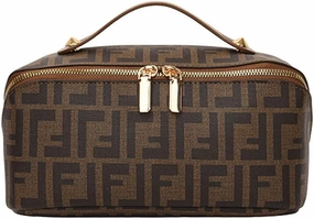 Designer Monogram Makeup Bag, Large Capacity Cosmetic Case with Handle, Brown Pattern, Gold Hardware
