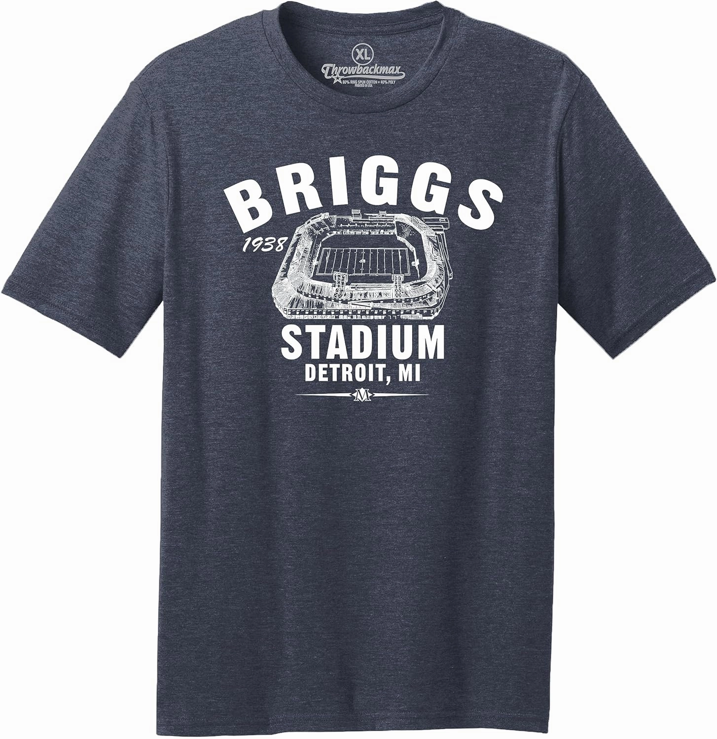 Detroit's Briggs Stadium 1938 Football Classic Cut, Short Sleeve Navy Heather Tee Shirt
