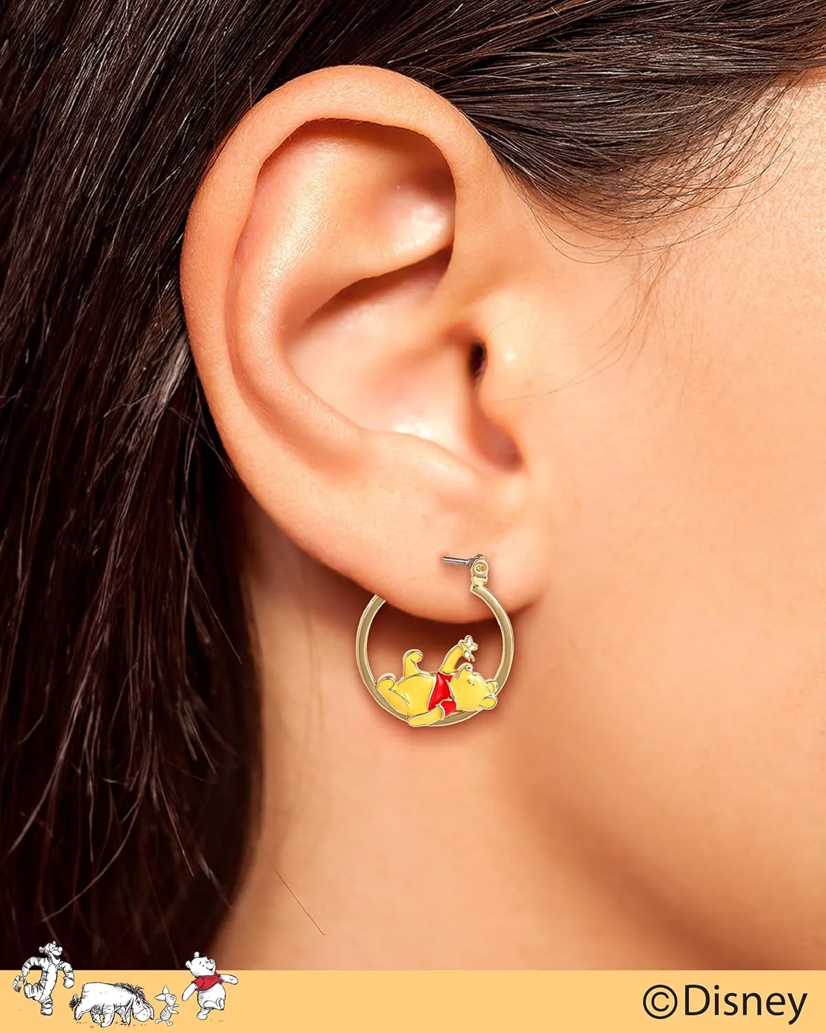 Disney Piglet and Winnie the Pooh Hoop Earrings for Women Official License, 18k Gold Flash-Plated Winnie the Pooh Earrings