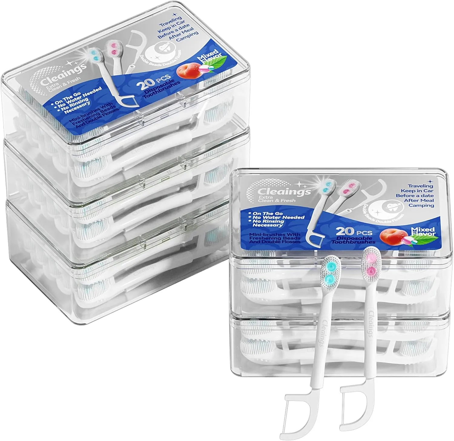 Disposable Toothbrushes with Double Cleaning Beads Toothpaste and Clean Floss Picks for Work or Travel - 20 pcs-Mixed Flavor（Pack of 5）