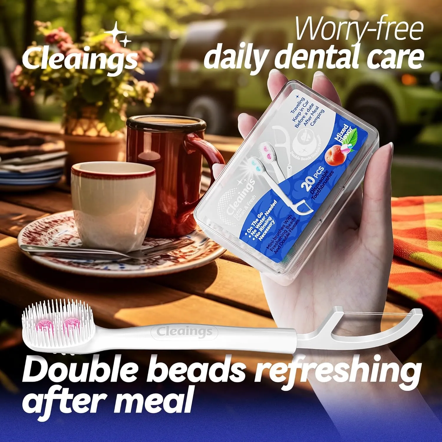 Disposable Toothbrushes with Double Cleaning Beads Toothpaste and Clean Floss Picks for Work or Travel - 20 pcs-Mixed Flavor（Pack of 5）
