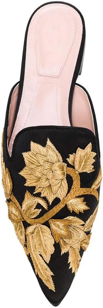 Divanne Loafers for Women, Womens Embroidery Mule Shoes Velvet Backless Slip On Loafers Pointed Toe Flat Mule Slides