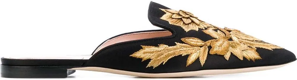 Divanne Loafers for Women, Womens Embroidery Mule Shoes Velvet Backless Slip On Loafers Pointed Toe Flat Mule Slides
