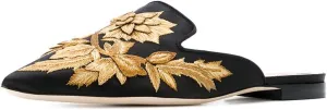 Divanne Loafers for Women, Womens Embroidery Mule Shoes Velvet Backless Slip On Loafers Pointed Toe Flat Mule Slides