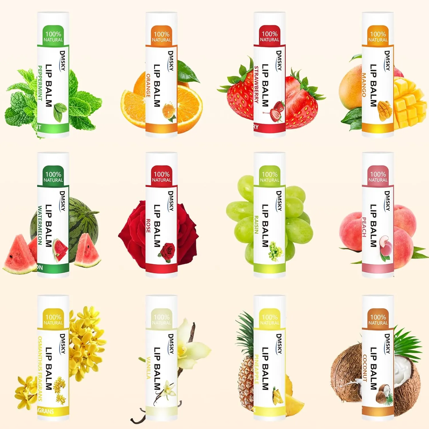 DMSKY 60 Pack Lip Balm, Natural Lip Balm Bulk with Vitamin E and Coconut Oil, Moisturizing Lip Balm for Chapped Lips, Bulk Lip Balm for Women-12 Flavors