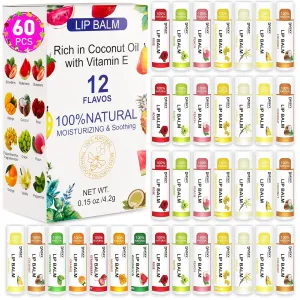 DMSKY 60 Pack Lip Balm, Natural Lip Balm Bulk with Vitamin E and Coconut Oil, Moisturizing Lip Balm for Chapped Lips, Bulk Lip Balm for Women-12 Flavors