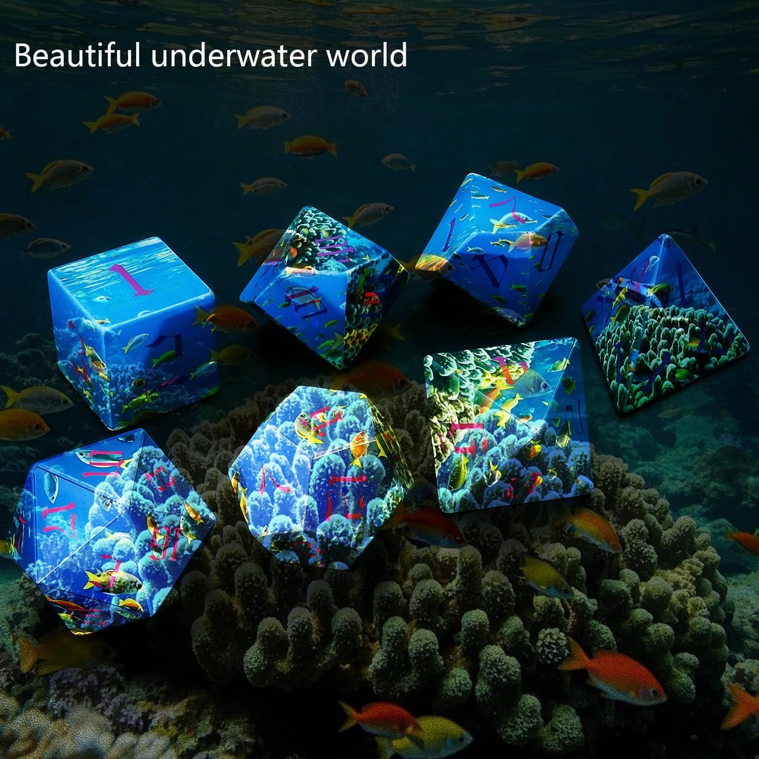 DND Dice Set Ocean Blue - Underwater World Design with Coral & Fish, 7Pcs Polyhedral Dice with Box for Dungeon and Dragons D&D RPG