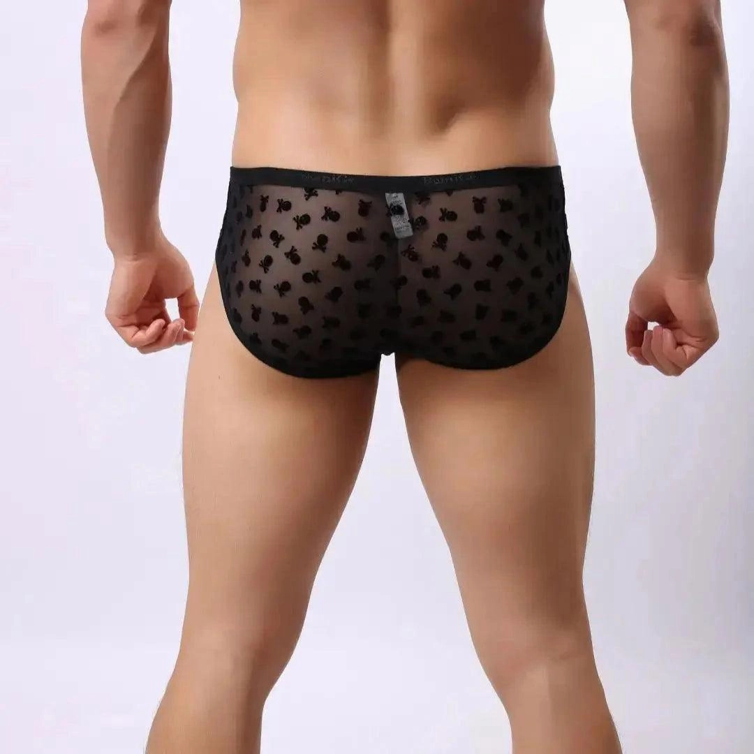 DomiGe Mesh Briefs Velvet Sheer Male Skulls Print Sexy Underwear