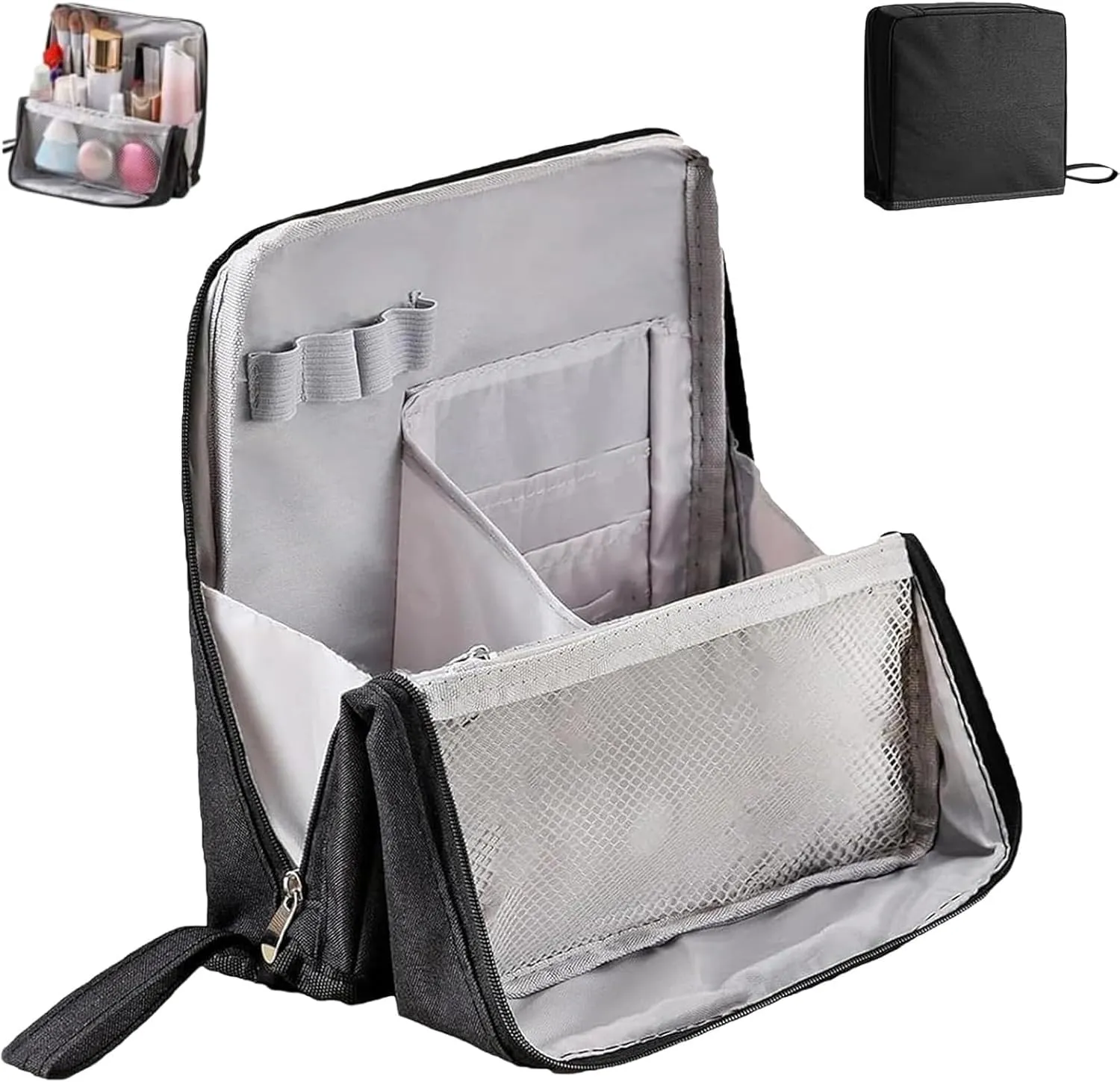 Doresty Makeup Bag, Standing Makeup Bag – Portable, Large Capacity, Multi-Purpose Large Capacity Oxford Cloth Standing MakeupBag with Compartments (Black)