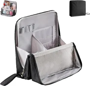 Doresty Makeup Bag, Standing Makeup Bag – Portable, Large Capacity, Multi-Purpose Large Capacity Oxford Cloth Standing MakeupBag with Compartments (Black)