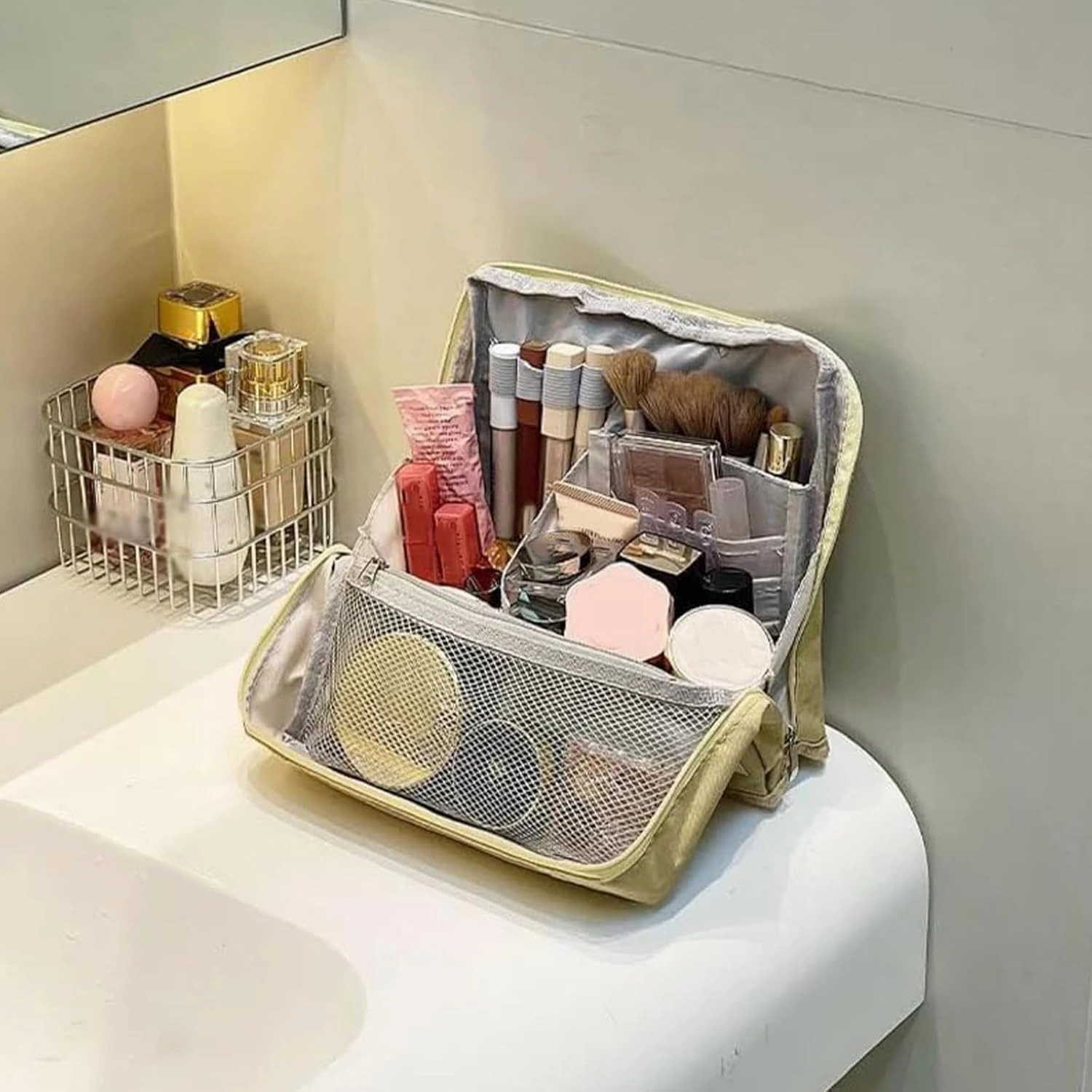Doresty Makeup Bag, Doresty Standing Makeup Bag – Portable, Large Capacity, Waterproof Standing MakeupBag with Compartments, Multifunctional Travel Cosmetic Bag (Blue)
