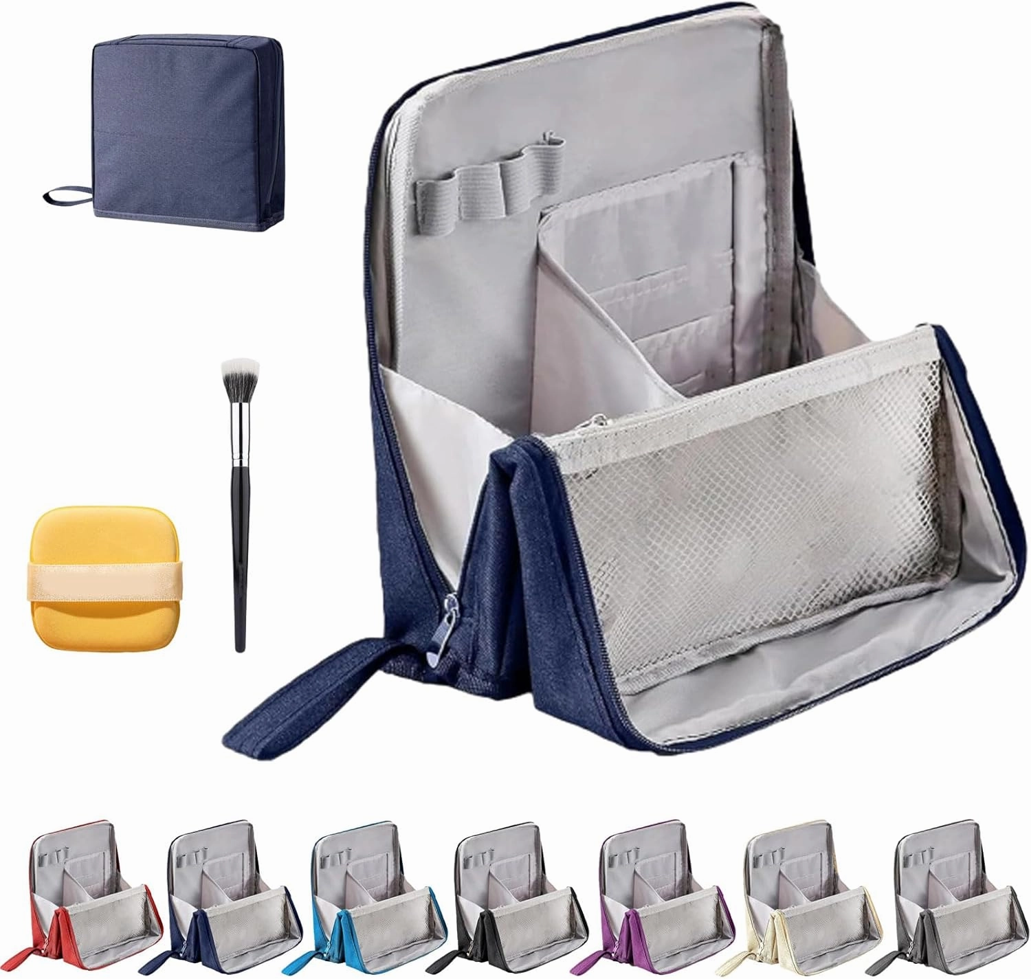 Doresty Makeup Bag, Doresty Standing Makeup Bag – Portable, Large Capacity, Waterproof Standing MakeupBag with Compartments, Multifunctional Travel Cosmetic Bag (Blue)