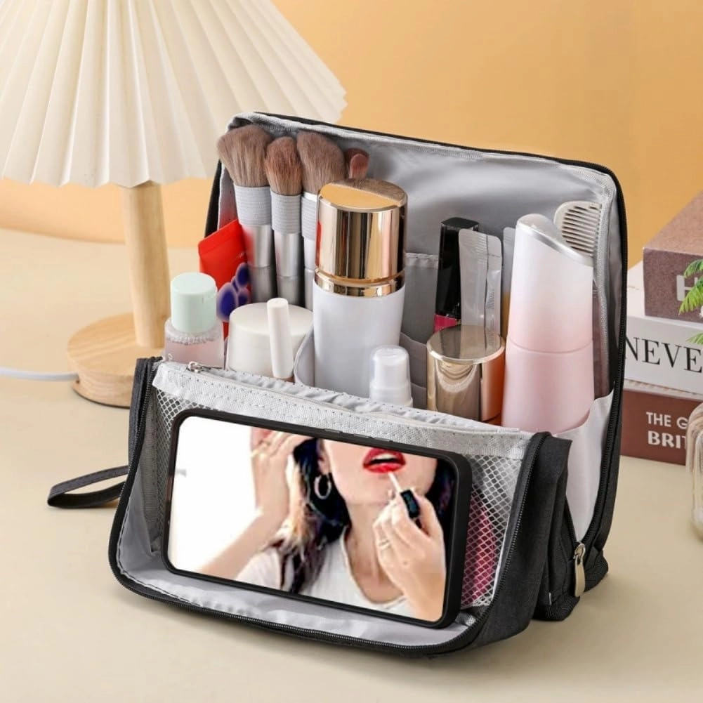 Doresty Makeup Bag, Doresty Standing Makeup Bag – Portable, Large Capacity, Waterproof Standing MakeupBag with Compartments, Multifunctional Travel Cosmetic Bag (Blue)