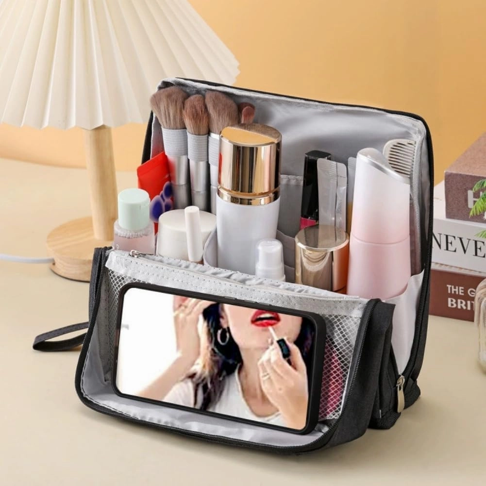 Doresty Makeup Bag, Doresty Standing Makeup Bag – Portable, Large Capacity, Waterproof Standing MakeupBag with Compartments, Multifunctional Travel Cosmetic Bag (Gray)