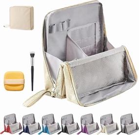 Doresty Makeup Bag, Doresty Standing Makeup Bag – Portable, Large Capacity, Waterproof Standing MakeupBag with Compartments, Multifunctional Travel Cosmetic Bag (Off white)