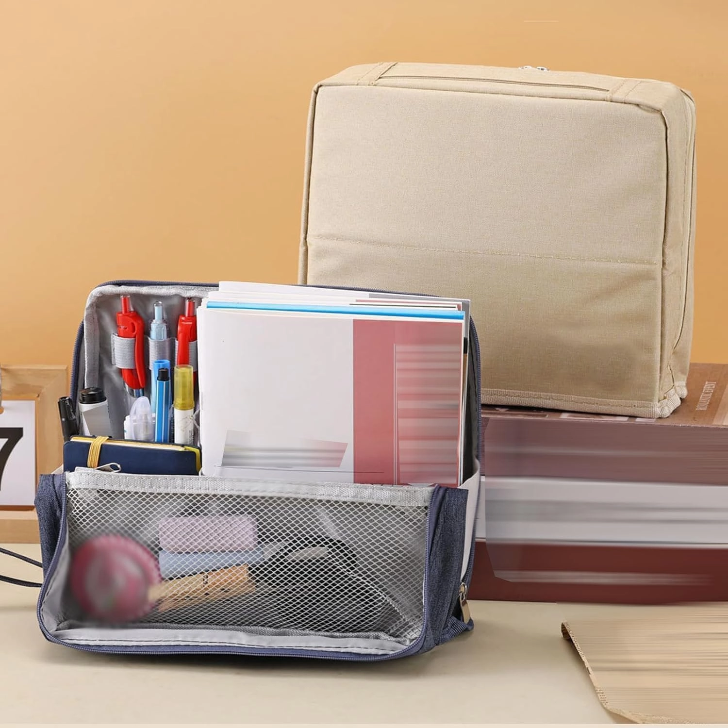 Doresty Makeup Bag, Standing Makeup Bag – Portable, Doresty Cosmetic Bag with Compartments, Large Capacity Oxford Cloth Standing MakeupBag, Waterproof Vertical Office Desktop Storage Bags (Black)